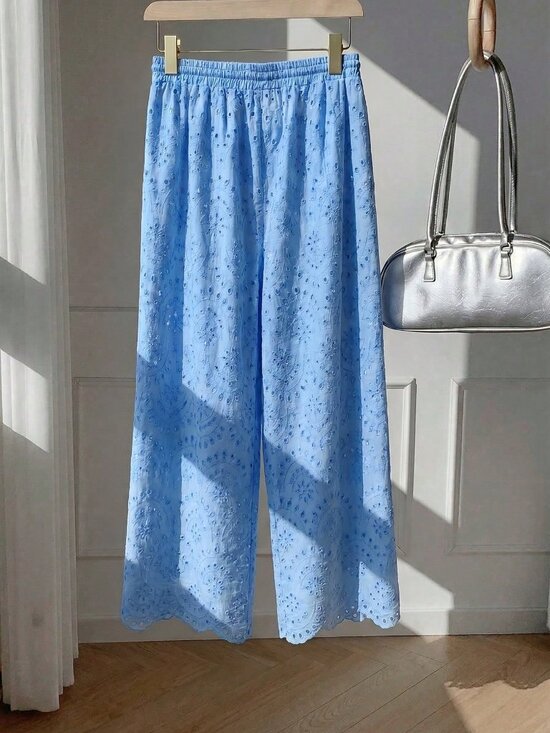 Pants - Blue Casual Women's Plus Size Embroidered Loose Pants